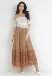Beżowa Spódnica Maxi z Tiulowej Siateczki z Gumką w Pasie Johannah. Brązowe spódnice Born2be, m, bez wzorów, z koronki, maxi. W wyprzedaży za 118.99 zł.