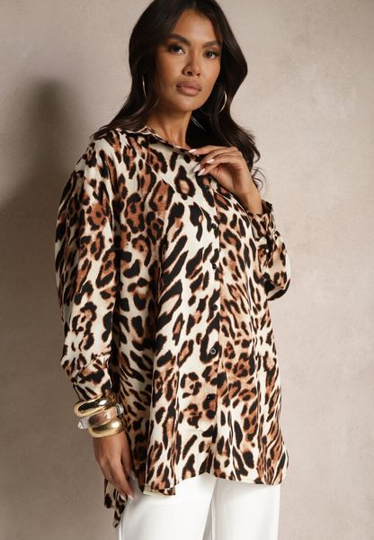 Brązowo-Biała Koszula Oversize Zdobiona Printem w Panterkę Hanavia. Czarne koszule Renee, z aplikacjami, eleganckie, bez kołnierzyka, bez ramiączek. Za 49.99 zł.