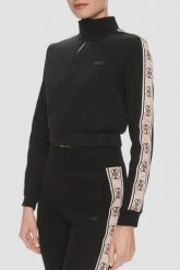 GUESS Czarna rozpinana bluza damska z lampasami New Britney, Rozmiar S. Czarne bluzy Guess, s, z aplikacjami, z dresówki, eleganckie, bez ramiączek, bez kaptura. Za 459.99 zł.