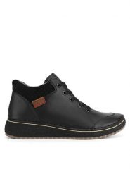 Rieker Botki 50902-00 Czarny. Czarne botki Rieker, bez wzorów, bez obcasa, na płaskiej podeszwie, bez zapięcia. Za 279.99 zł.