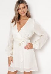 Biała Rozkloszowana Sukienka Mini z Gumką w Pasie Gaiame. Białe sukienki Born2be, l, bez wzorów, z materiału, bez kołnierzyka, bez ramiączek, mini, rozkloszowane. W wyprzedaży za 101.99 zł.