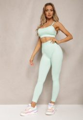 Miętowy Elastyczny Komplet Fitness Usztywniany Biustonosz i Legginsy z Gumką Orbinra. Zielone legginsy Renee, bez wzorów. W wyprzedaży za 67.99 zł.