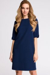 Elegancka sukienka trapezowa midi z dekoltem V z tyłu gładka granatowa. Sukienki Sukienki.shop, do pracy, xl, bez wzorów, biznesowe, bez kołnierzyka, bez ramiączek, midi, trapezowe. Za 129.00 zł.