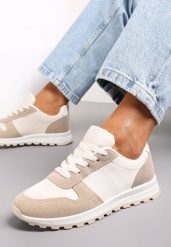 Biało-Ciemnobeżowe Sznurowane Sneakersy na Płaskiej Podeszwie z Wycięciami i Wstawkami Zaylynn. Brązowe buty sportowe lifestyle Renee, bez wzorów, ze skóry, sportowe, przed kostkę, bez zapięcia. W wyprzedaży za 83.99 zł.