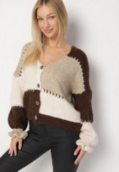 Brązowy Patchworkowy Kardigan Oversize na Guziki z Falbanką na Rękawach i Wełną Atevita. Brązowe swetry Born2be, na zimę, bez wzorów, z wełny, klasyczne, bez ramiączek. Za 169.99 zł.