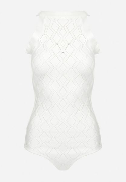 Białe Body z Wiskozy o Tłoczonej Fakturze Idolina. Białe body i gorsety Born2be, bez wzorów, z jeansu, bez ramiączek. Za 39.99 zł.