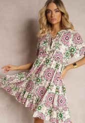 Różowa Sukienka z Wiskozowej Tkaniny w Mozaikowy Wzór Boho Naviera. Czerwone sukienki Renee, na imprezę, l, bez wzorów, z tkaniny, boho, bez kołnierzyka, bez ramiączek, mini. W wyprzedaży za 75.99 zł.