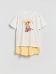 Dwuczęściowa piżama z nadrukiem - żółty. Żółte piżamy Reserved, l, bez wzorów, z bawełny, bez kołnierzyka, bez ramiączek. Za 99.99 zł.