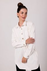 Nowoczesna Koszulowa Tunika - Śmietankowa. Białe tuniki MOE, l, bez wzorów, z materiału, bez kołnierzyka, bez ramiączek. Za 296.90 zł.