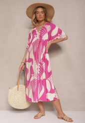 Fuksjowa Pudełkowa Sukienka w Abstrakcyjny Wzór z Dekoltem w Kształcie Litery V Sallinori. Czerwone sukienki Renee, plus size, bez wzorów, eleganckie, bez kołnierzyka, plus size, bez ramiączek, midi. W wyprzedaży za 43.99 zł.