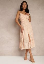 Pomarańczowa Rozkloszowana Sukienka z Wiskozą na Cienkich Ramiączkach z Guzikami Efrisela. Brązowe sukienki Renee, na spacer, l, bez wzorów, z wiskozy, eleganckie, bez kołnierzyka, bez ramiączek, midi, rozkloszowane. W wyprzedaży za 99.99 zł.
