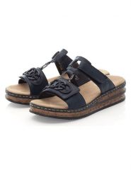 Rieker Klapki w kolorze granatowym rozmiar: 42. Niebieskie klapki Rieker, bez wzorów, klasyczne, z otwartym noskiem, bez obcasa, na koturnie, bez zapięcia. Za 172.89 zł.