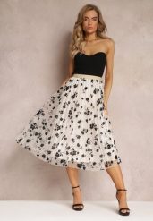 Jasnobeżowa Spódnica Midi Tiulowa z Welurowymi Kwiatami i Gumką w Talii Zihrosa. Brązowe spódnice Renee, bez wzorów, z tiulu, midi, rozkloszowane. Za 54.99 zł.