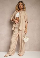 Beżowy Wiskozowy Komplet o Luźnym Kroju z Koszulą i Spodniami Sesorilia. Brązowe koszule Renee, l, bez wzorów, z jeansu, eleganckie, bez kołnierzyka, bez ramiączek. W wyprzedaży za 107.99 zł.