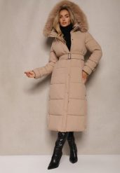 Beżowa Pikowana Kurtka Taliowana z Kapturem i Futerkiem Zinntoria. Brązowe kurtki Renee, l, bez wzorów, eleganckie, z kapturem. Za 289.99 zł.