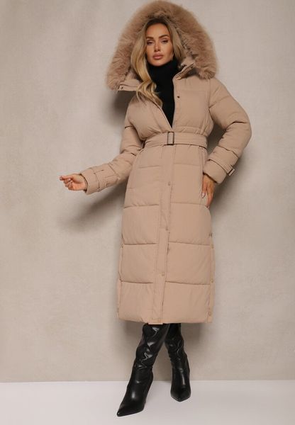 Beżowa Pikowana Kurtka Taliowana z Kapturem i Futerkiem Zinntoria. Brązowe kurtki Renee, l, bez wzorów, eleganckie, z kapturem. Za 289.99 zł.