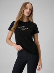 4F T-shirt regular z nadrukiem damski - czarny XL. Czarne t-shirty 4f, xl, bez wzorów, z dzianiny, bez kołnierzyka, bez ramiączek. Za 59.99 zł.