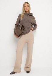 Beżowe Ocieplane Spodnie Dzianinowe o Szerokim Kroju Miorea. Brązowe jeansy Born2be, bez wzorów, z dzianiny. Za 79.99 zł.