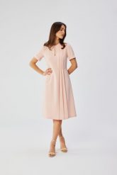 Pudrowa Midi Sukienka z Ozdobnymi Zakładkami. Brązowe sukienki MOE, l, bez wzorów, z elastanu, bez kołnierzyka, bez ramiączek, midi, rozkloszowane. Za 326.90 zł.
