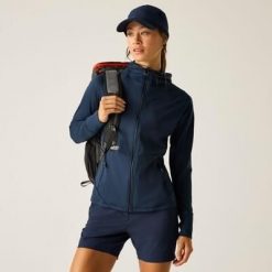 Damska bluza środkowa z kapturem i rozciągliwym zamkiem błyskawicznym Nomadic. Niebieskie bluzy Dare 2b, bez wzorów, z elastanu, bez ramiączek, z kapturem. Za 229.99 zł.