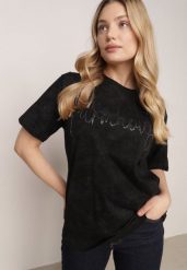 Czarny Bawełniany T-shirt Oversize z Haftowanym Napisem z Cekinami Aewai. Czarne t-shirty Born2be, m, bez wzorów, z bawełny, eleganckie, bez kołnierzyka, bez ramiączek. Za 59.99 zł.