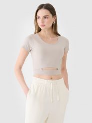 4F T-shirt crop top gładki damski - beżowy XS. Brązowe t-shirty 4f, xs, bez wzorów, z bawełny, sportowe, bez kołnierzyka, bez ramiączek. W wyprzedaży za 39.99 zł.