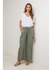 Lin Passion Lniane spodnie w kolorze khaki rozmiar: 36/38. Brązowe spodnie materiałowe Lin Passion, bez wzorów, ze lnu, klasyczne, z standardowym stanem. Za 143.99 zł.