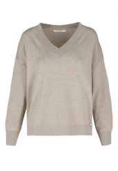 Luźny sweter z dekoltem w serek S-JOY. Brązowe swetry Volcano, l, bez wzorów, z dzianiny, eleganckie, bez ramiączek. Za 129.99 zł.