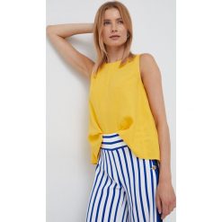 Sisley top lniany kolor żółty. Żółte topy Sisley, m, bez wzorów, ze lnu, bez kołnierzyka, bez ramiączek. W wyprzedaży za 129.99 zł.