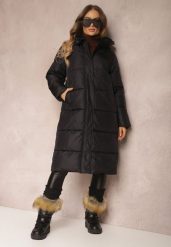 Czarna Kurtka za Kolano Pikowana z Kapturem Nafesa. Czarne kurtki Renee, xl, bez wzorów, eleganckie, z kapturem. Za 264.99 zł.