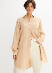 Długa bluzka muślinowa oversize. Brązowe bluzki bonprix, bez wzorów, bez kołnierzyka, bez ramiączek. Za 129.99 zł.
