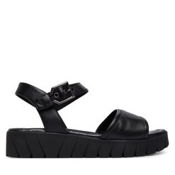Sandały Tamaris. Czarne sandały Tamaris, bez wzorów, bez obcasa, na płaskiej podeszwie, bez zapięcia. Za 329.99 zł.