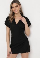 Czarna Kopertowa Sukienka Kombinezon Letnia Mini z Bawełny i Lnu Liorra. Czarne sukienki Born2be, l, bez wzorów, z bawełny, bez kołnierzyka, bez ramiączek, mini, kopertowe. Za 119.99 zł.