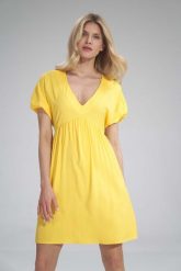 Sukienka o Luźnym Kroju z Bufkami - Żółta. Żółte sukienki Figl, l, bez wzorów, z elastanu, bez kołnierzyka, bez ramiączek, rozkloszowane. Za 249.00 zł.