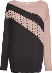 Sweter oversize z aplikacją. Czarne swetry bonprix, z aplikacjami, eleganckie, bez ramiączek. Za 132.99 zł.