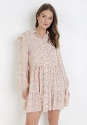 Beżowa Sukienka Aethenea. Brązowe sukienki Born2be, l, bez wzorów, bez kołnierzyka, bez ramiączek, mini, rozkloszowane. W wyprzedaży za 55.99 zł.