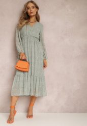 Miętowa Sukienka Kataea. Zielone sukienki Renee, s, z aplikacjami, z tkaniny, bez kołnierzyka, bez ramiączek, midi, rozkloszowane. W wyprzedaży za 51.99 zł.