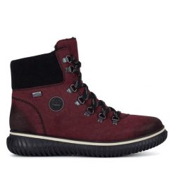 Botki Rieker. Czerwone botki Rieker, bez wzorów, bez obcasa, na płaskiej podeszwie, bez zapięcia. Za 279.99 zł.
