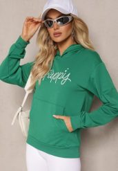 Zielona Bluza Ozdobiona Napisem z Kangurkową Kieszenią i Kapturem Hecconia. Zielone bluzy Renee, l, bez wzorów, casualowe, bez ramiączek. W wyprzedaży za 63.99 zł.