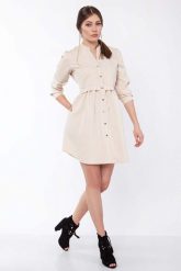 Beżowa Krótka Szmizjerka Zapinana na Napy. Brązowe sukienki SALE, xl, bez wzorów, z materiału, wizytowe, bez kołnierzyka, bez ramiączek, mini, szmizjerki. Za 169.90 zł.