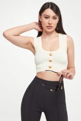 Top damski dzianinowy ELISABETTA FRANCHI. Topy Elisabetta Franchi, bez wzorów, z dzianiny, bez kołnierzyka, bez ramiączek. W wyprzedaży za 1,112.30 zł.