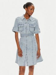 Morgan Sukienka jeansowa 241-RIXES Niebieski Regular Fit. Niebieskie sukienki Morgan, bez wzorów, z bawełny, bez kołnierzyka, bez ramiączek. Za 239.99 zł.