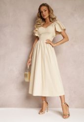 Beżowa Taliowana Sukienka Maxi z Falbanami Giftis. Brązowe sukienki Renee, na imprezę, l, z aplikacjami, bez kołnierzyka, bez ramiączek, maxi. W wyprzedaży za 99.99 zł.