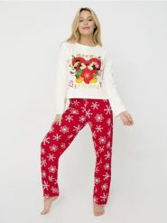 Piżama Myszka Miki - kremowy. Białe piżamy Sinsay, l, bez wzorów, z bawełny, bez kołnierzyka, bez ramiączek, długie. Za 69.99 zł.