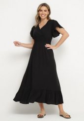 Czarna Wiskozowa Kopertowa Sukienka o Rozkloszowanym Kroju Nellrive. Czarne sukienki Born2be, na co dzień, l, bez wzorów, z wiskozy, eleganckie, bez kołnierzyka, bez ramiączek, maxi, kopertowe. Za 89.99 zł.