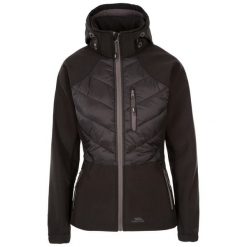 Kurtka Damska Elvira Soft Shell. Czarne kurtki przejściowe sportowe Trespass, xs, bez wzorów, z softshellu, bez kaptura, trekkingowe. Za 217.99 zł.