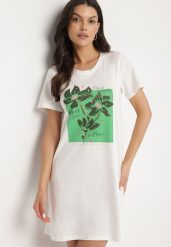 Biała Bawełniana Sukienka o Kroju Typu T-shirt Zdobiona Nadrukiem Nevolira. Białe sukienki Born2be, na co dzień, l, z aplikacjami, z bawełny, eleganckie, bez kołnierzyka, bez ramiączek, midi. Za 69.99 zł.