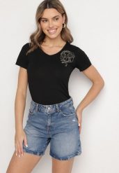 Czarny T-shirt z Bawełny z Cyrkoniowym Wzorem Uliavira. Czarne t-shirty Born2be, l, z aplikacjami, z bawełny, eleganckie, bez kołnierzyka, bez ramiączek. W wyprzedaży za 29.74 zł.