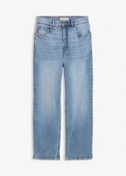 Luźne jeansy, high waist, cropped. Niebieskie jeansy bonprix, bez wzorów, z jeansu, z podwyższonym stanem. Za 129.99 zł.
