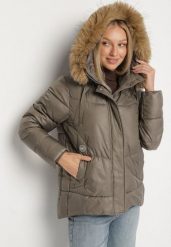 Ciemnozielona Pikowana Kurtka o Trapezowym Kroju z Kapturem z Futrem Lanarela. Zielone kurtki Born2be, l, bez wzorów, z jeansu, eleganckie, z kapturem. Za 269.99 zł.